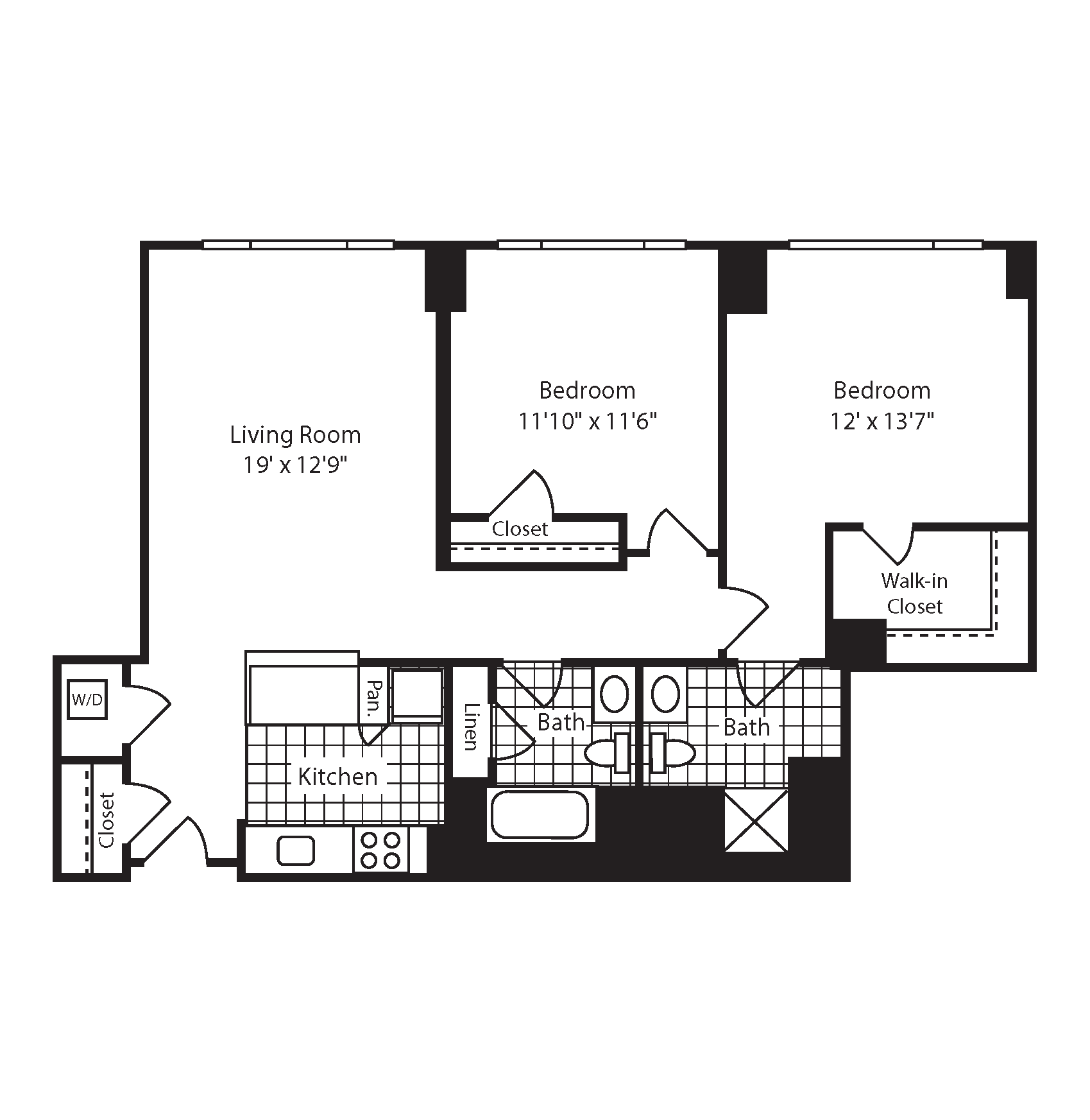 Floor plan for 2 beds, 2 baths, 1177 sqft